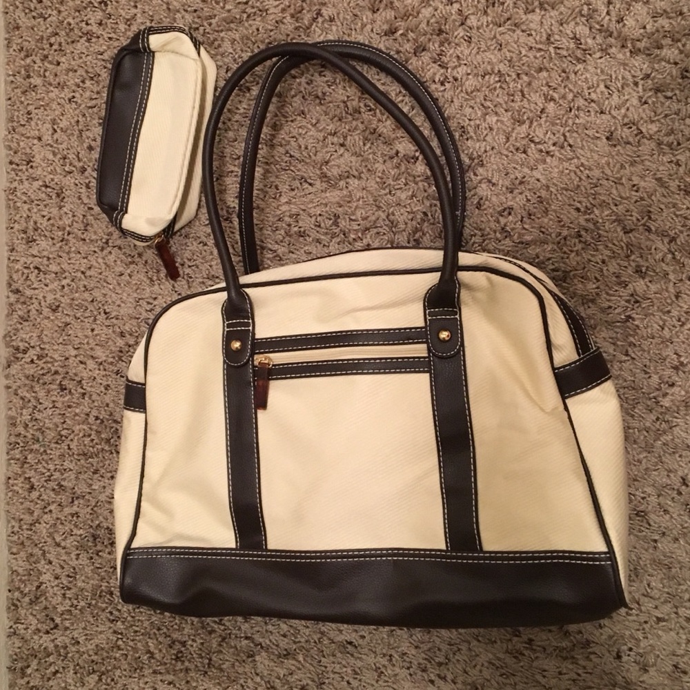 Cream and Brown Bag with matching makeup bag